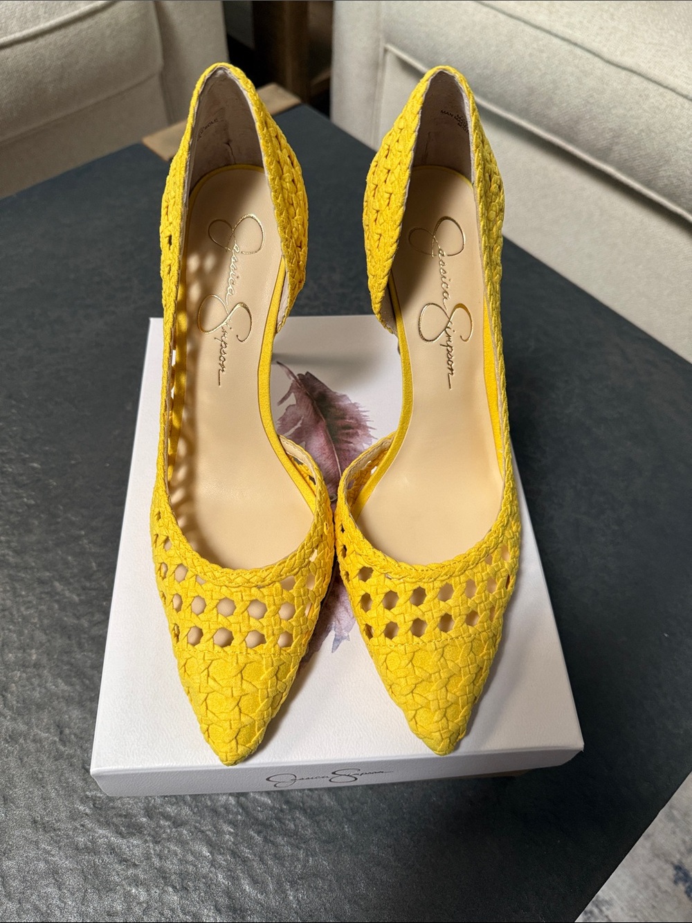 Jessica Simpson Yellow Woven Pointed-Toe D'Orsay Heels